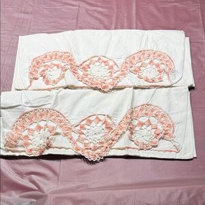 Antique Crocheted Cream and Peach Lace Pillowcases